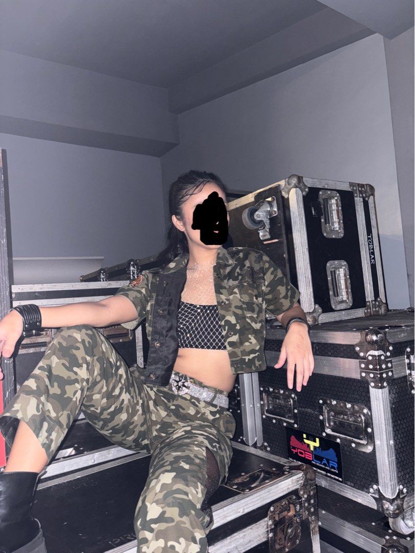 Camo army costume halloween (Category: Sets or Coordinates) located in Mandaluyong City. Submitted by dobypreloved (Listing ID 1471100642, Image 1). Description: - Green camouflage set (short sleeve crop top and matching trousers) - Perfect for streetwear or dance outfits - Condition: Worn once for a quick shoot - custom size for petite woman For reference i am 5ft and weigh 45kg 25in waist and 31inch hip.