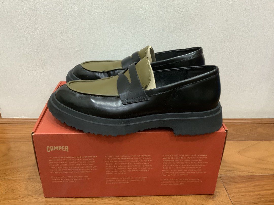 Camper Walden Multicolor Leather Loafers Size EU 42 (Category: Casual Shoes) located in Mandaluyong City. Submitted by plaza.esquinita (Listing ID 1471091053, Image 1). Description: - Brand: Camper Walden - Style: Slip-on penny loafer with chunky platform lug sole - Color: Multicolor (Black and Olive Green) - Size: EU 42 / US 9 / UK 8 - Inclusions: Comes with original branded box - Condition: Excellent, well-maintained 17,000 pesos only.