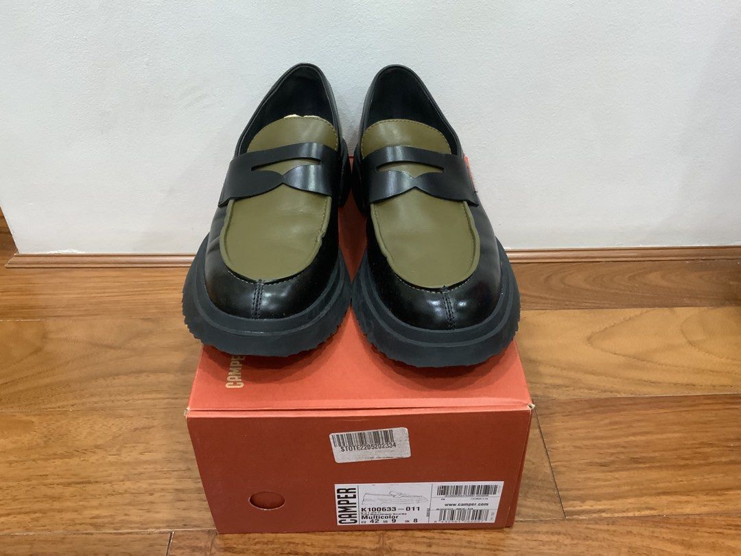 Camper Walden Multicolor Leather Loafers Size EU 42 (Category: Casual Shoes) located in Mandaluyong City. Submitted by plaza.esquinita (Listing ID 1471091053, Image 2). Description: - Brand: Camper Walden - Style: Slip-on penny loafer with chunky platform lug sole - Color: Multicolor (Black and Olive Green) - Size: EU 42 / US 9 / UK 8 - Inclusions: Comes with original branded box - Condition: Excellent, well-maintained 17,000 pesos only.