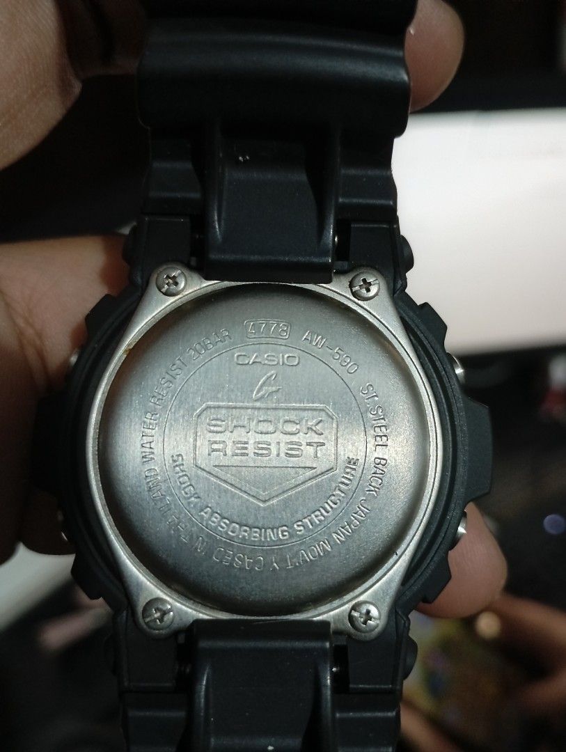 Casio G-Shock AW-590 Watch (Category: Men's Watches) located in Manila. Submitted by jcaseanti (Listing ID 1470952053, Image 2). Description: - Model: Casio G-Shock AW-590 (Module 4778) - Design: Black resin strap with stainless steel bezel ring and backplate - Durability: Legendary shock-resistant build - Water Resistance: Up to 20 bar / 200 meters - Condition: Clean display, clear markers, and all buttons work smoothly - Best for: Reliable dail