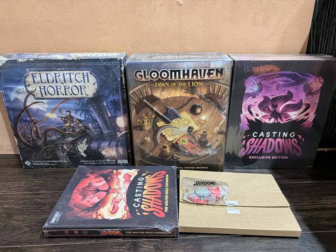 Boardgames for Sale (Category: Board Games & Puzzles) located in Caloocan City. Submitted by adelinaam07386 (Listing ID 1470949496, Image 1). Description: Boardgames for sale not for trade Rfs: d na ma maintain, di na nalalaro naalikabukan na lng -Casting shadows exclusive edition with molten rock expansion, brand new never naopen, di pa nalaro nakaseal pa -Gloomhaven jaws of the lion, 1-3 times palang nalaro, like new condition -eldritch horror,