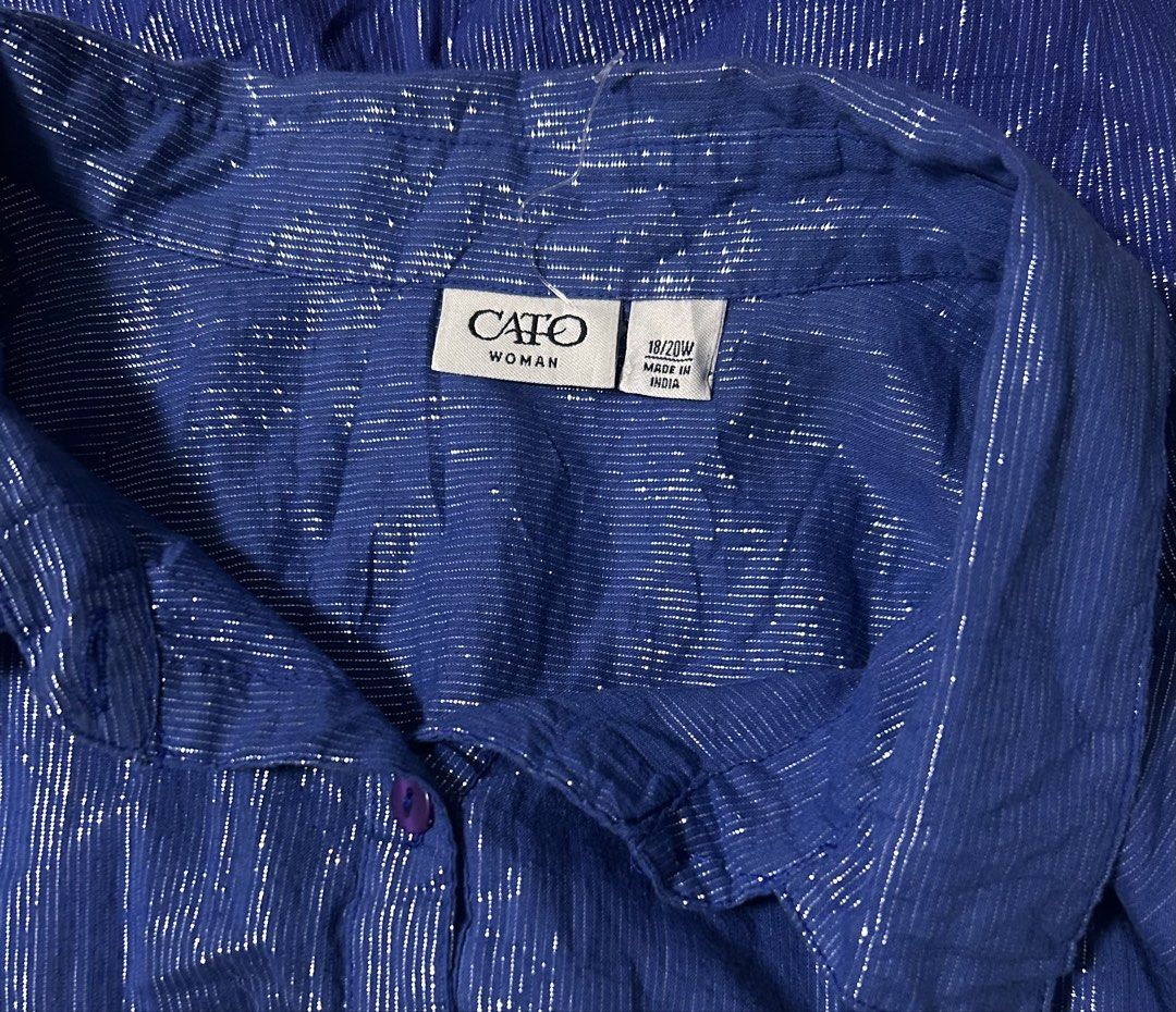 CATO (Category: Longsleeves) located in Davao. Submitted by sart0ria85 (Listing ID 1471087381, Image 3). Description: A dark blue collared long sleeves with metallic pinstripes all over. A red crown on the breast pocket. 93% COTTON 7%METALLIC MADE IN INDIA 🇮🇳 LARGE. Size 8 EXCELLENT CONDITION (95/100).