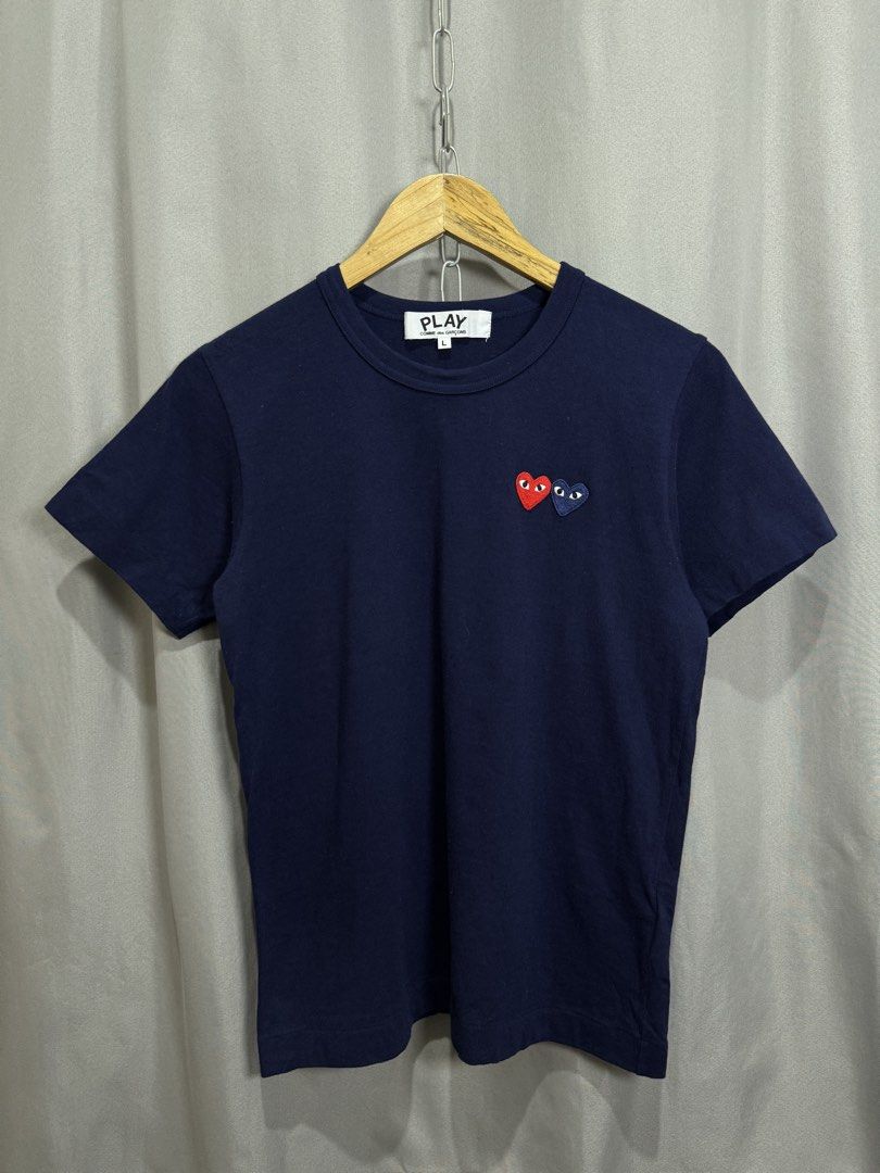 CDG Play Double Heart Tee (Category: Shirts) located in Meycauayan. Submitted by itstimothrifts (Listing ID 1471006706, Image 2). Description: CDG Play Double Heart Tee Excellent Condition No flaws L on tag W 17.5 L 24.