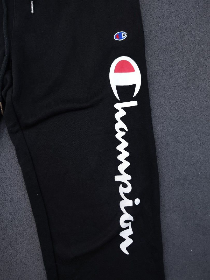 Champion Script Jogger (Category: Joggers) located in Bulacan. Submitted by emilj23 (Listing ID 1470973456, Image 2). Description: Champion Script Jogger Size Xl on tag L 41.5 W 32-38 Leg Hole 5 Condition 9.5/10 Color rate 9.5/10 Issue Minimal print Stain.