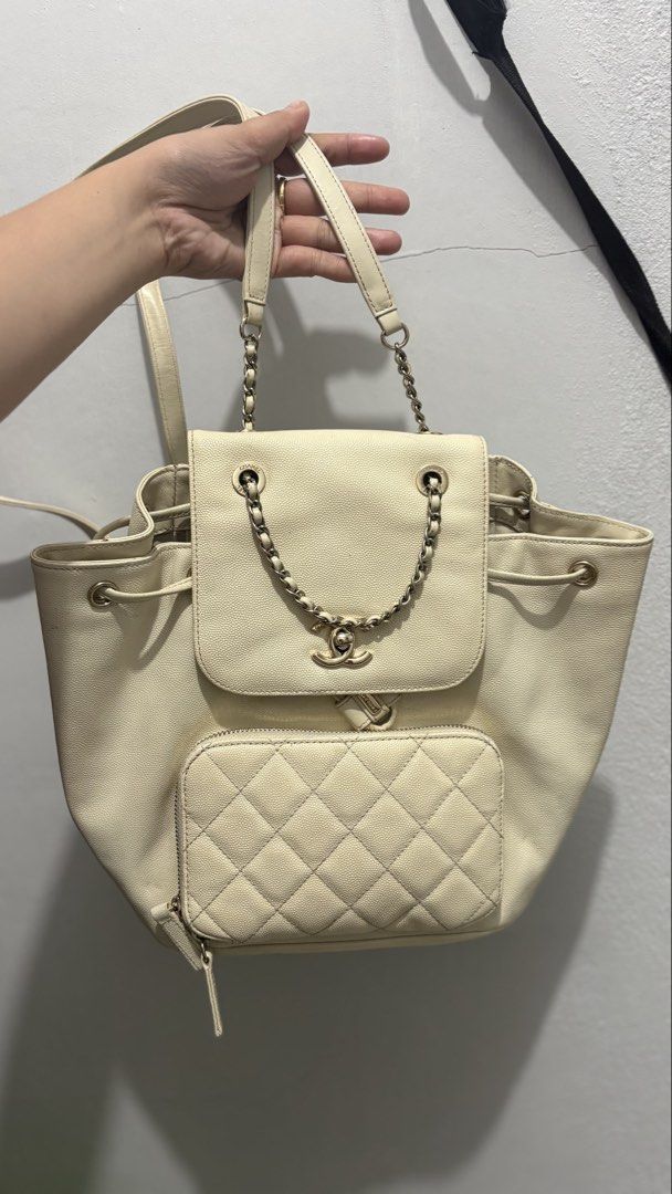 Chanel Caviar Leather Interlocking CC Backpack Cream (Category: Luxury Bags & Wallets) located in Davao. Submitted by sammyang123 (Listing ID 1471026650, Image 1). Description: - Brand: Chanel Business Affinity Bag AUTHENTIC! 2017 open for negotiation lowest price in the market WILL SEND MORE DETAILED PICS TO THE BUYER - Material: Cream textured caviar leather - Hardware: Gold-tone - Closure: Interlocking CC turn-lock and secure drawstring - Pock