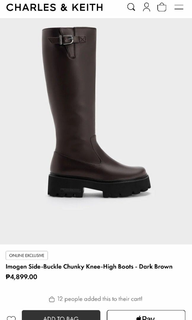 Charles & Keith Dark Brown Knee Boots Size 39 (Category: Boots) located in Manila. Submitted by ajewnice (Listing ID 1470980567, Image 2). Description: - 3900 slightly negotiable for sure buyer - Size: EU 39 - Condition: Worn once, extremely clean soles - Inclusion: Original shoe box included.