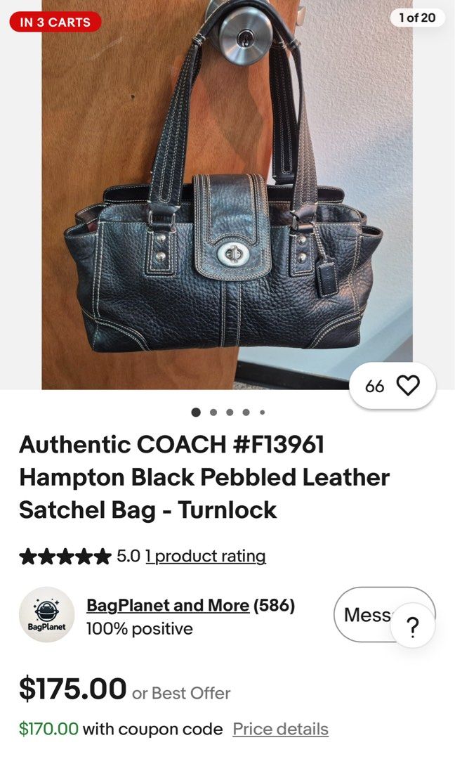 Coach 2009 Hamptons Turn lock (Category: Luxury Bags & Wallets) located in Caloocan City. Submitted by bbamboleoo (Listing ID 1471046237, Image 3). Description: Shoulder and satchel bag Bought from Quezon thrift shop last june, NEGOTIABLE❤️ Personally used :)) need na isell for coming school holidays since dina nagagamit. Can fit aqua flask and regular size umbrella Pref po meet up around metro manila! Also posted in fb marketplace :)) Offer lang