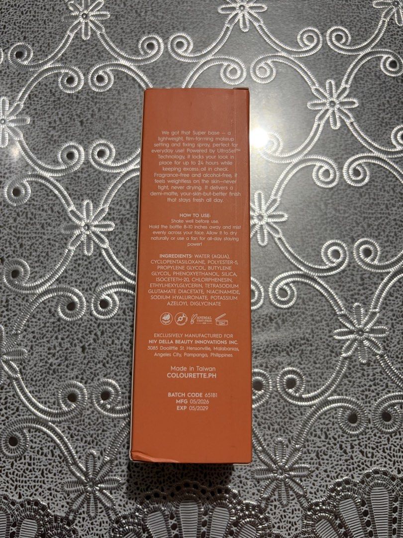 Colourette Super Base Setting And Fixing Spray (Category: Makeup) located in Las Pinas. Submitted by bangtanbooks (Listing ID 1471078112, Image 2). Description: - 80 mL bottle with improved atomizer - manufactured may 2026 / expires may 2029 - brand new, never sprayed! still in its original packaging :)) - rfs: i want to try other setting sprays naman - srp: 699 in stores! .