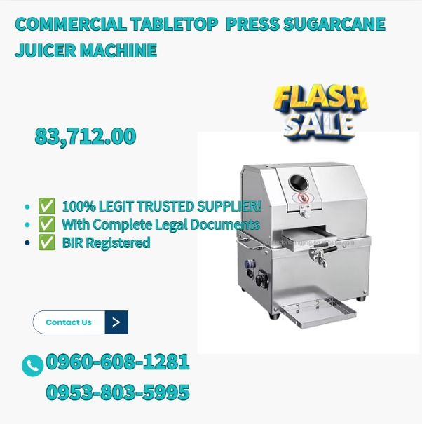 Commercial Tabletop Press Sugarcane Juicer Machine (Category: Everything Else Others) located in Caloocan City. Submitted by gollemrea92925 (Listing ID 1470998899, Image 1). Description: Classic Tabletop Sugarcane Juicer "machine size: 340*320*500mm ●power: 750w ●N.W/G.W: 45kg/50KG ●Voltage:220V/48V(battery) ●Power Source: directly use with plug ●Wooden Package" .