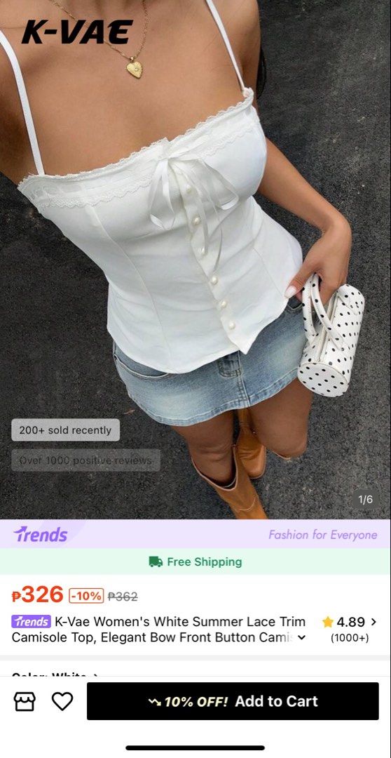 coquette top white lace (Category: Sleeveless) located in Manila. Submitted by eff11 (Listing ID 1470992696, Image 3). Description: hello, ladies! i’m selling my personal preloved clothes🩷 ✨details : front bow and faux pearl buttons ✨back: crisscross spaghetti straps ✨XL on tag ✨used once ✨with SHEIN pouch 📍pasay 🧾gcash / maribank 🚛 j&t .