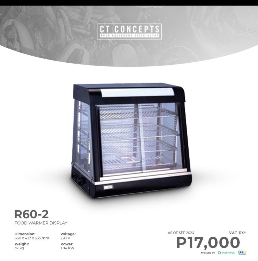 CT Concepts R60-2 Food Warmer Display (Category: Food Organization & Storage) located in Caloocan City. Submitted by brightdolphin_bfc4c6 (Listing ID 1471014235, Image 1). Description: CT Concepts R60-2 Food Warmer Display Cabinet for sale - Heavy-duty commercial unit with a sleek black base and top housing - Multi-tier wire shelving setup enclosed in glass doors for maximum visibility - Features an integrated lighting panel to showcase your food
