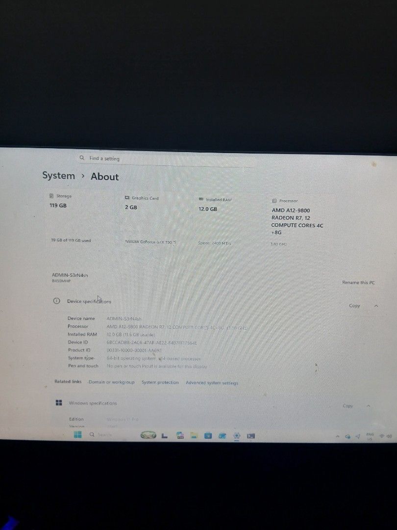 Custom Gaming PC Setup with AMD A12 and GTX 750 Ti (Category: Desktops) located in Manila. Submitted by jhovernash69413 (Listing ID 1471076544, Image 2). Description: - Complete plug-and-play gaming setup with Windows 11 installed - AMD A12-9800 processor and 12GB RAM for smooth daily use and gaming - NVIDIA GeForce GTX 750 Ti (2GB) graphics card - 119GB storage capacity - Stylish case with multi-color RGB front mesh fans and a glass side window 