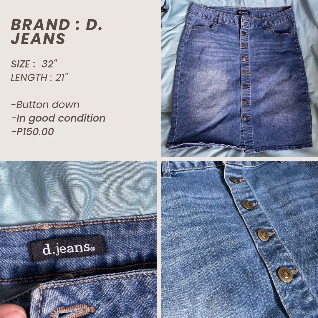 D. Jeans Button Down Denim Skirt Size 32 (Category: Skirts) located in Guiguinto. Submitted by plumpypeachyyy (Listing ID 1470949770, Image 1). Description: - Brand: D. Jeans - Style: Classic straight cut denim skirt - Wash: Medium blue wash - Closure: Front button-down with metal buttons - Size: 32 waist - Length: 21 inches total length - Condition: Great everyday piece, easy to pair with tees or blouses.
