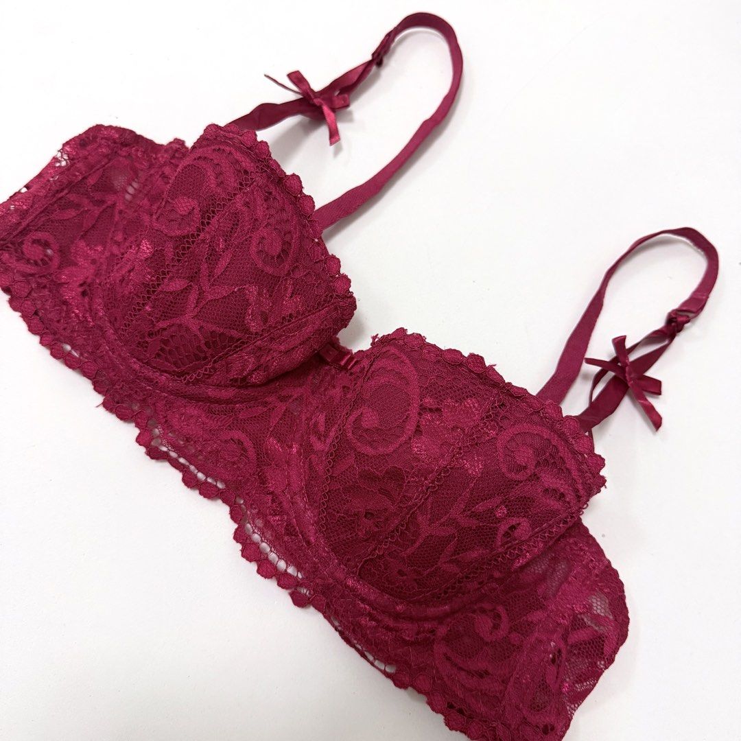 Dark Red Floral Lace Balconette Underwired Bra [34AB] (Category: Undergarments & Loungewear) located in Malabon City. Submitted by k_intimates (Listing ID 1471100513, Image 2). Description: Details: • Size 34AB / wired / lightly lined • Like new • Dark red floral lace balconette bra featuring underwire support and small bow accents on the straps..