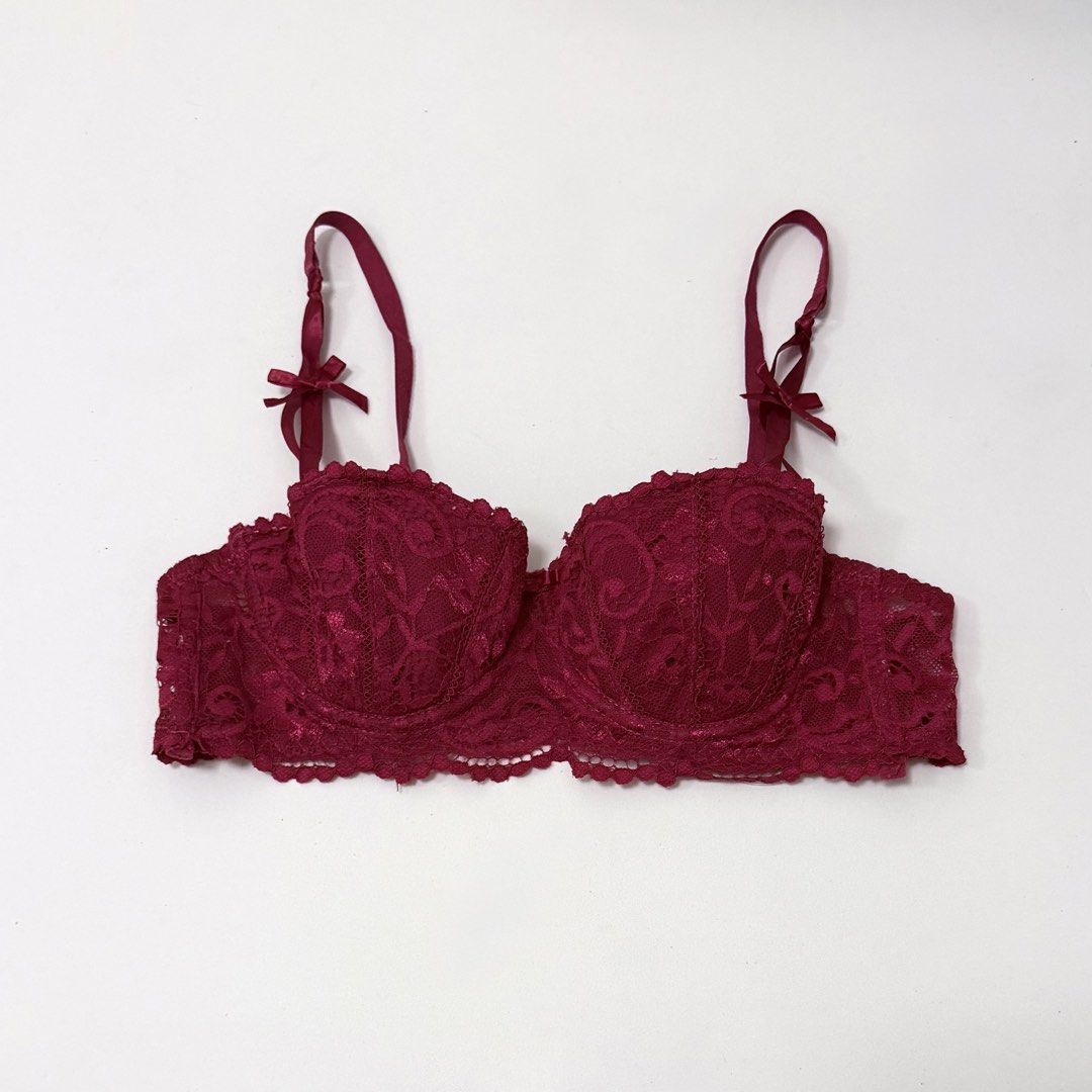 Dark Red Floral Lace Balconette Underwired Bra [34AB] (Category: Undergarments & Loungewear) located in Malabon City. Submitted by k_intimates (Listing ID 1471100513, Image 1). Description: Details: • Size 34AB / wired / lightly lined • Like new • Dark red floral lace balconette bra featuring underwire support and small bow accents on the straps..