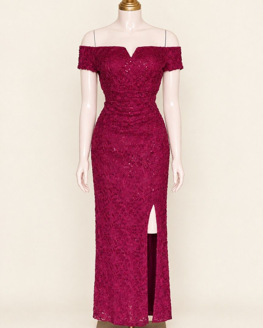 Dark red lace maxi dress with slit (Category: Evening dresses & gowns) located in Angeles City. Submitted by milovewardrobe (Listing ID 1470944411, Image 1). Description: Details of the dress posted 44.5 length 32-38 bust 26-32 waist With inner lining Flaw: natatanggal po yung ibang sequins.