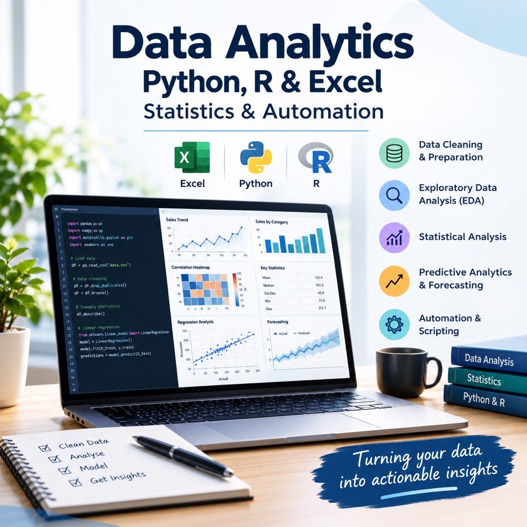Data Cleaning & Analysis | Python, R, Excel & Statistics (Category: Office & Business Technology) located in Singapore. Submitted by karan7928 (Listing ID 1470966697, Image 1). Description: 📊 PROFESSIONAL DATA ANALYTICS & STATISTICAL ANALYSIS SERVICES Have data but don’t know how to make sense of it? Whether you’re a business owner, professional or individual looking to better understand your data, I offer customised data cleaning, statistical a