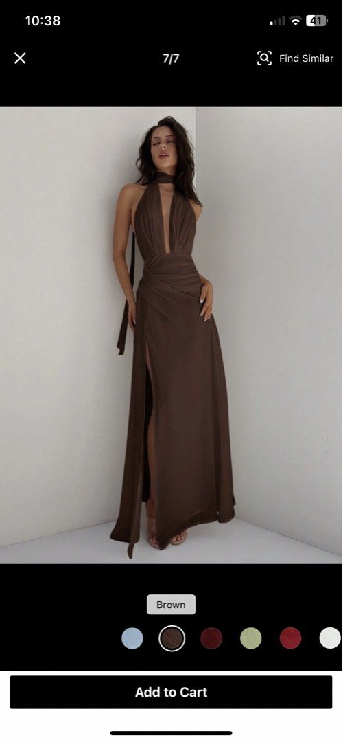 deep v neck backless dress with draped sash (Category: Evening dresses & gowns) located in Rizal. Submitted by sheshells.gem (Listing ID 1470943285, Image 1). Description: backless xs - s color: brown condition: worn once for a few hours (wedding) / properly stored like new best for formal events, dinners parties and pictorial.