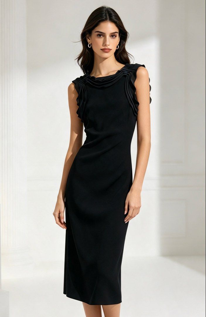DIANE VON FURSTENBERG (Category: Dresses) located in Davao. Submitted by sart0ria85 (Listing ID 1470951716, Image 2). Description: Classic Black knee length Sleeveless fitted midi dress with detailed ruffles along the neckline and shoulders - Authenticity: Includes original DVF collar tag and holographic authenticity tag near the seam. 97%COTTON 3%ELASTANE MADE IN CHINA 🇨🇳 XXS SIZE 0. Also perfect for size 2 XS because of thr stretch. EXCELLENT