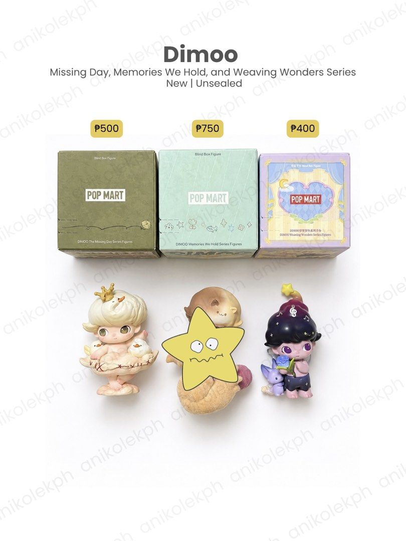 Dimoo — Missing Day, Weaving Wonders (Dancing on Clouds, Butterfly Wizard) (Category: Designer & Blind Box Toys) located in Caloocan City. Submitted by anikolekph (Listing ID 1470936444, Image 1). Description: — Fixed prices as indicated in the photo — Unsealed / Box bottom-opened — Complete inclusions (box, card, foil) — Mint Condition / No Issues / Never displayed — 100% Authentic and Original – For sale only; not for trade Loc: South Caloocan 