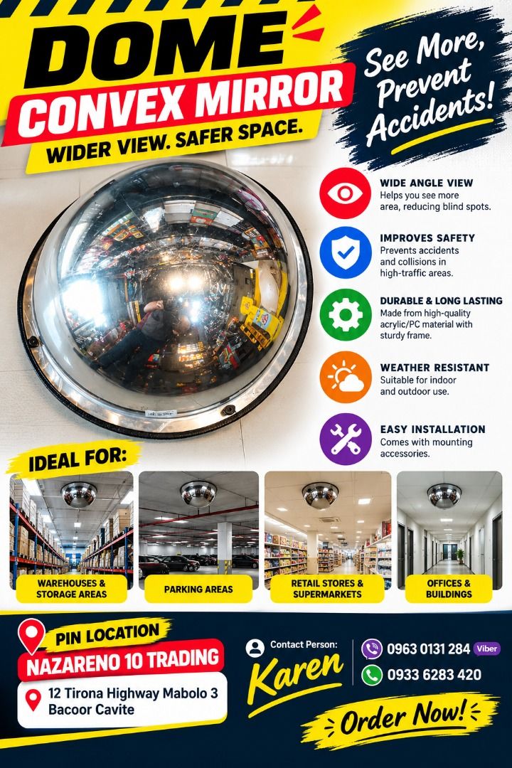 DOME CONVEX MIRROR (Category: Looking For) located in Bacoor. Submitted by kajezame.2021 (Listing ID 1470939352, Image 1). Description: DOME CONVEX MIRROR For More Details and Discount Contact Ms. Karen NAZARENO 10 TRADING 0963 0131 284 0933 6283 420 0956 7028 557 0933 8559 510 Landline: Look for Ms. Karen (046 ) 416 3920 Also available: • Traffic cone • Parking Block stopper • Hooded trash bin • Road Plastic Barrier • Spill boom • Fishing buoy •