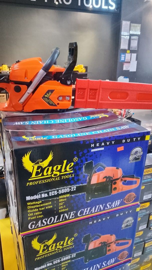 Eagle Professional Tools Gasoline Chainsaw (Category: Announcements) located in Manila. Submitted by ivan2.0 (Listing ID 1470965479, Image 1). Description: Restock‼️ Restock‼️ Restock‼️ Eagle Professional Tools Gasoline Chainsaw: Model: ES-5805-22 Specifications: * ⚙️ Power: 2500W * 🛠️ Engine Displacement: 58cc * 🌲 Guide Bar Size: 22 inches * 🛢️ Fuel & Oil Mixing Ratio: 25:1 * ⛽ Fuel Tank Capacity: 550 mL * ✅ Heavy-duty gasoline chainsaw * 🇺�