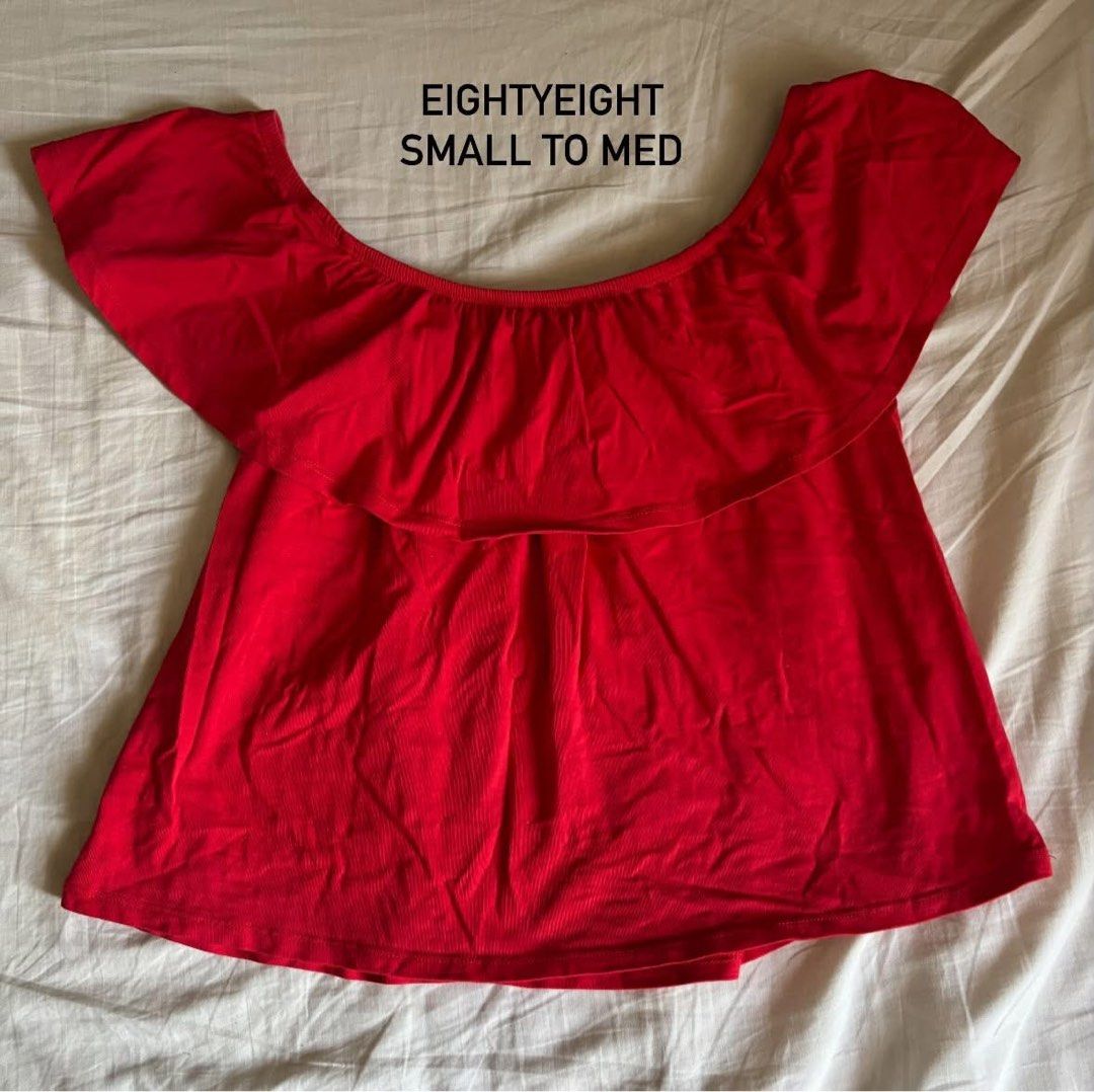 Eightyeight Red Ruffled Off shoulder (Category: Sleeveless) located in Binan City. Submitted by myprelovedhaul (Listing ID 1471039107, Image 2). Description: - fits small to med! - no when worn photos! - last price posted! - please message only if sure buyer! - limited replies only. - Available unless mark as sold. - Ship via j&t or lalamove for same day. -Mode of payment: Gcash 📍Biñan Laguna .
