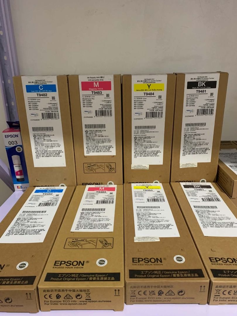 Epson T948 Ink Supply Unit Cartridges (Category: Printers, Scanners & Copiers) located in Quezon City. Submitted by inksource123 (Listing ID 1470961243, Image 2). Description: - Authentic Epson T948 ink supply units - Complete set: Cyan, Magenta, Yellow, and Black - Compatible with WorkForce Pro WF-C5290 and WF-C5790 printer series - Brand new, unopened boxes in original packaging - Ideal for stocking up office printing supplies - Meet up or ship