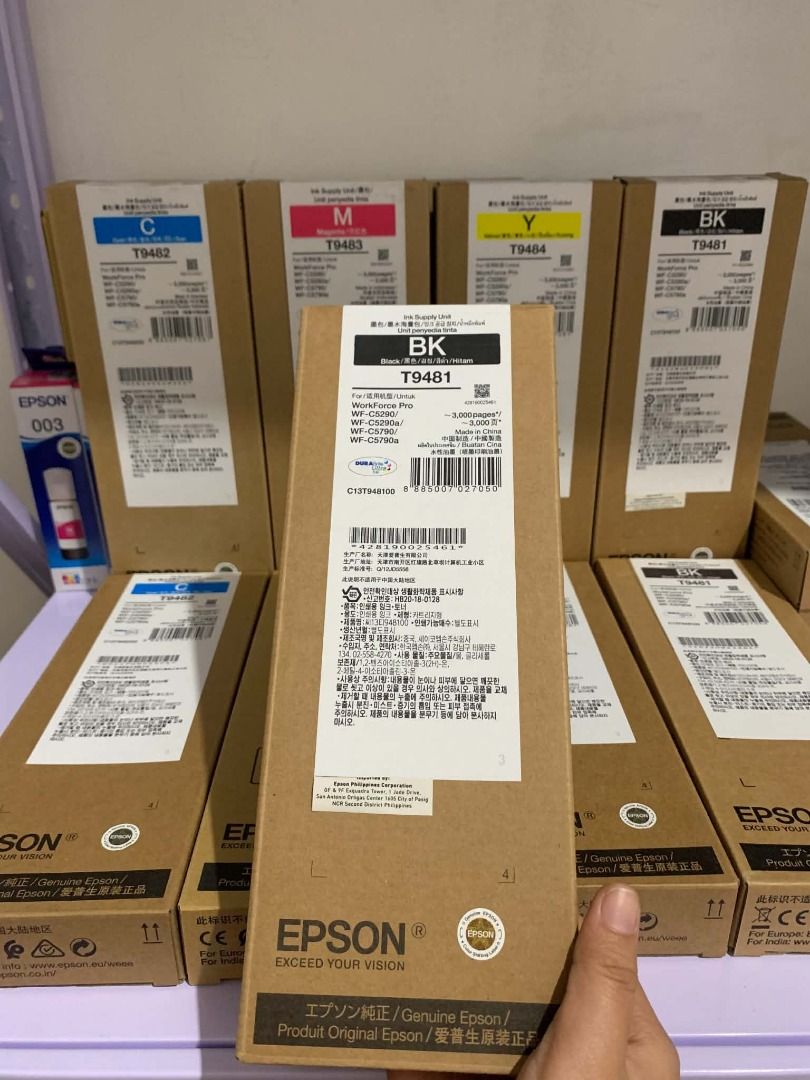 Epson T948 Ink Supply Unit Cartridges (Category: Printers, Scanners & Copiers) located in Quezon City. Submitted by inksource123 (Listing ID 1470961243, Image 1). Description: - Authentic Epson T948 ink supply units - Complete set: Cyan, Magenta, Yellow, and Black - Compatible with WorkForce Pro WF-C5290 and WF-C5790 printer series - Brand new, unopened boxes in original packaging - Ideal for stocking up office printing supplies - Meet up or ship
