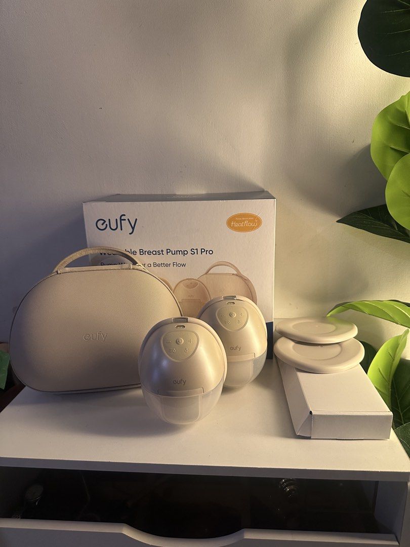 Eufy Wearable Breast Pump S1 Pro (Category: Breastfeeding & Bottle Feeding) located in Angeles City. Submitted by zanesmom (Listing ID 1470932208, Image 2). Description: - Item: Eufy Wearable Breast Pump S1 Pro - Condition: used for 4 months only - Key Feature: HeatFlow technology for soothing warmth - Inclusions: Two pump units, charging case, quick start guides, multiple flange inserts, and original packaging box .