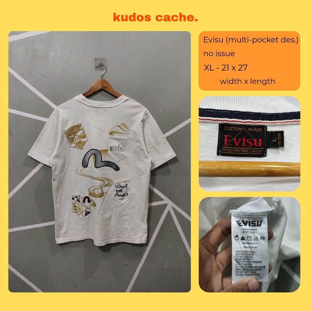 Evisu Multi-Pocket Design Shirt (Category: Tshirts & Polo Shirts ) located in Rosales. Submitted by kudoscache (Listing ID 1471078632, Image 1). Description: - Brand: Evisu - Waist: 21 | Length: 27 - Color: White - slightly nego payment: maribank / gotyme courier: J&T.