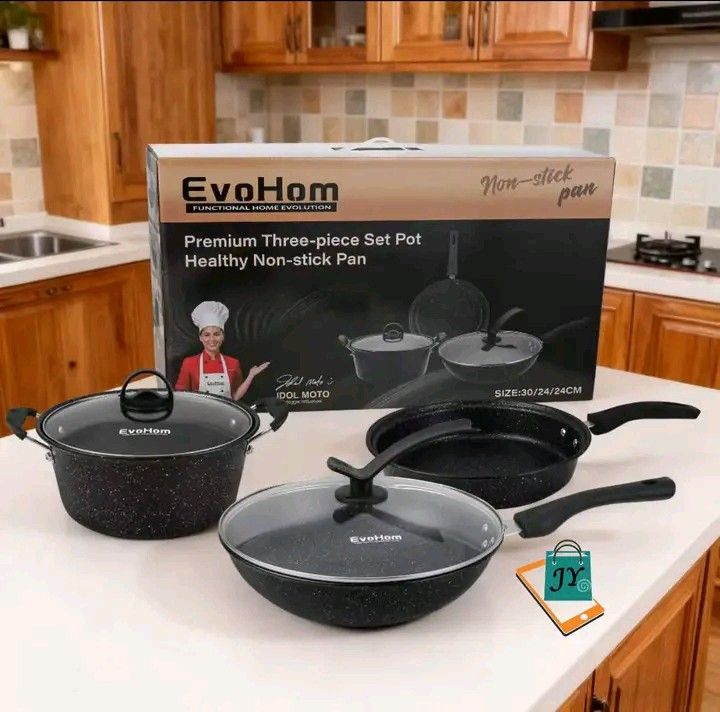 Evohom 5pcs cookware set (Category: Cookers) located in Manila. Submitted by ashleyeshk1320 (Listing ID 1471013280, Image 2). Description: Evohom 5pcs cookware set.