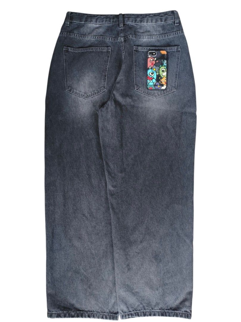 EXCONTAINER Denim Baggy Jeans (Category: Jeans) located in Buug. Submitted by zigeldz_a1721a (Listing ID 1471023968, Image 2). Description: - Brand/Model: EXCONTAINER denim baggy jeans - Color/Wash: Washed black with acid wash effect - Size: L (tag inside waistband) - Design: Button closure, front slit, and standard five-pocket styling - Fit: Straight cut silhouette hitting at mid-calf length - Details: Solid stitching on seams.