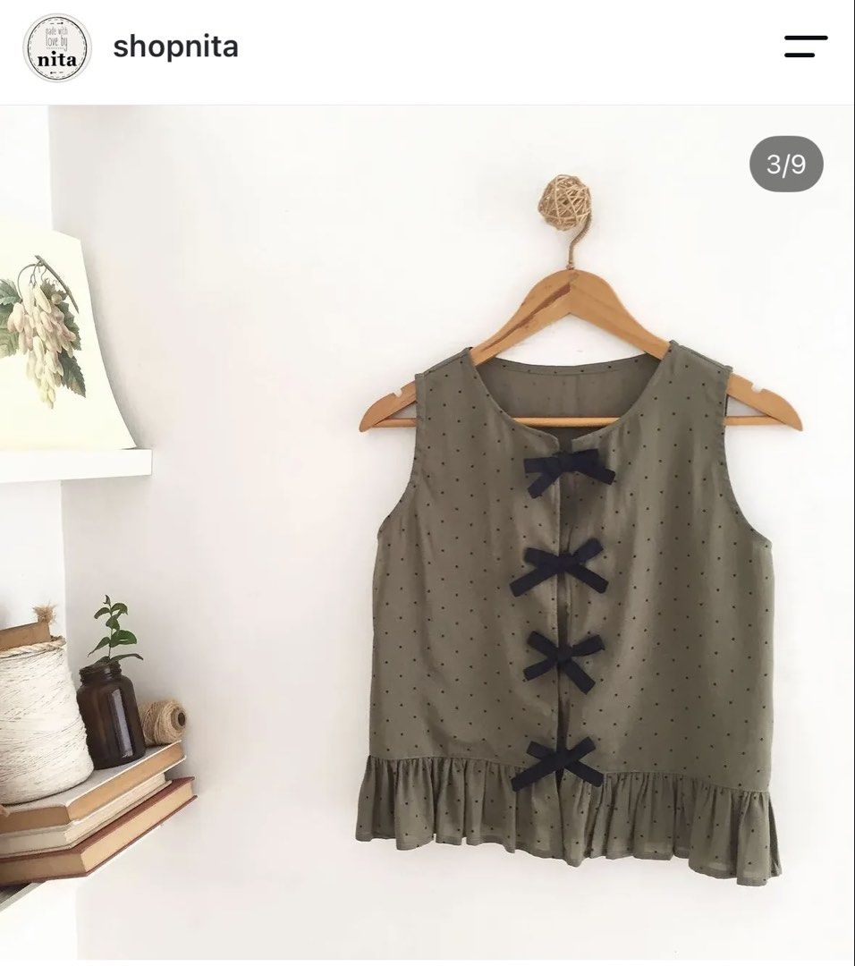 Fatigue green bedotted shirt (Category: Blouses) located in Quezon City. Submitted by tan__k (Listing ID 1471000333, Image 3). Description: Shop Nita fatigue green in cotton rayon fabric with contrast bow detail Can fit XS to Semi-Small Brandnew condition.