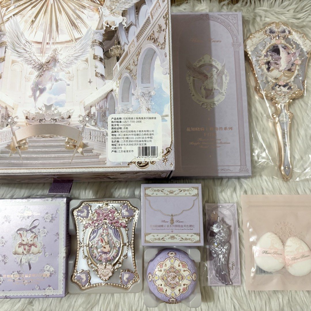 Flower Knows Makeup Gift Set (Purple Collection) (Category: Makeup) located in Cavite. Submitted by 3yaaa018 (Listing ID 1471082044, Image 2). Description: Flower Knows Makeup Gift Set (Purple Collection) - 6 pcs set • Flower Knows Knight Unicorn Hand Mirror (Moonlight Lilac) • Flower Knows Bunny Garden 6-Color Makeup Palette (02 Moon Serenade) • Flower Knows Butterfly Cloud Collar Rouge Box Highlighting & Blush Duo Powder (04 Fluttering Romance)