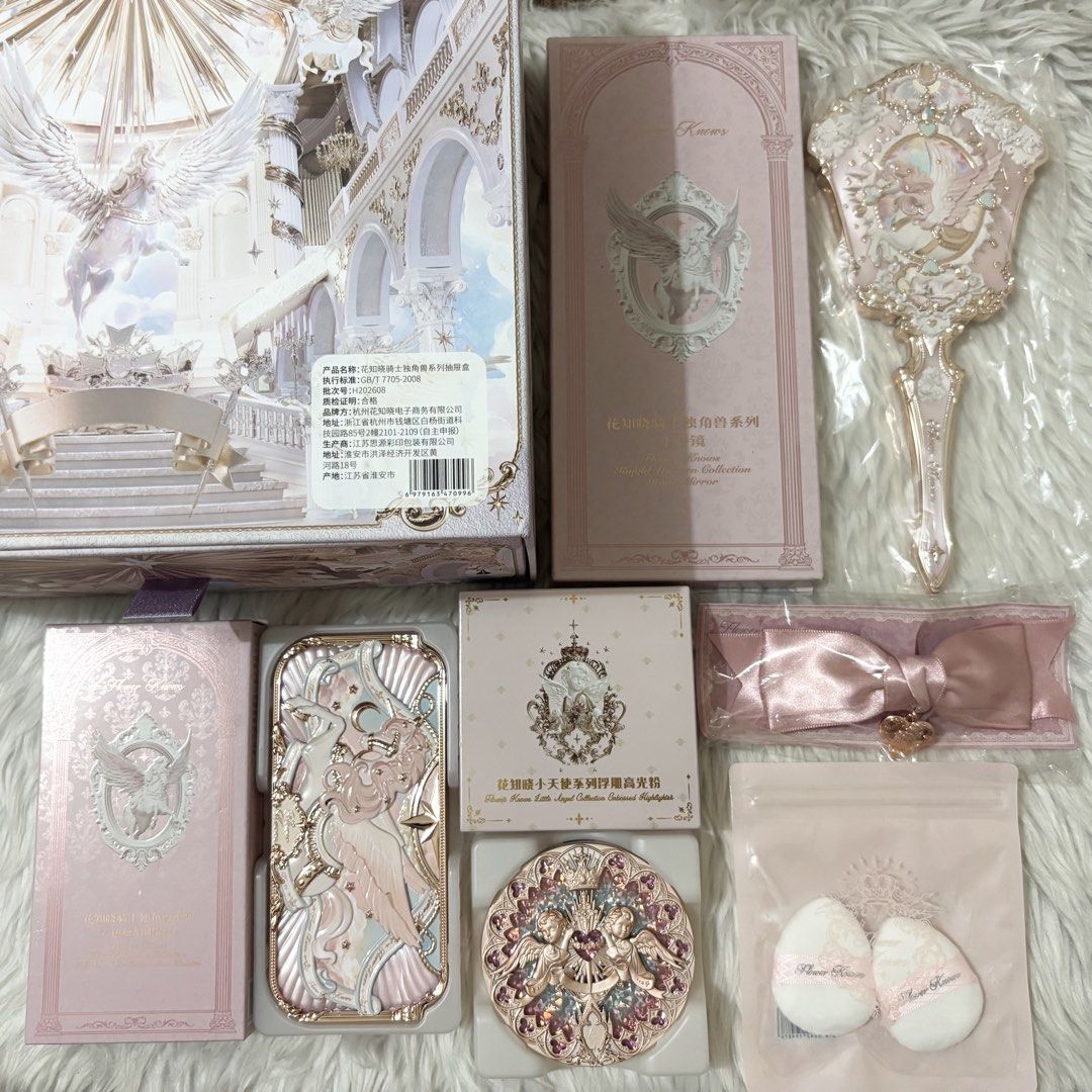 Flower Knows Makeup Affordable Gift Set (Pink Collection) (Category: Makeup) located in Cavite. Submitted by 3yaaa018 (Listing ID 1471085807, Image 2). Description: Flower Knows Makeup Affordable Gift Set (Pink Collection) - 6 pcs set • Flower Knows Knight Unicorn Hand Mirror (Starlight Pink) • Flower Knows Knight Unicorn 6-Color Satin Makeup Palette (01 Aurora Reverie) • Flower Knows Little Angel Collection Embossed Highlighter (M02 Angelic Stra