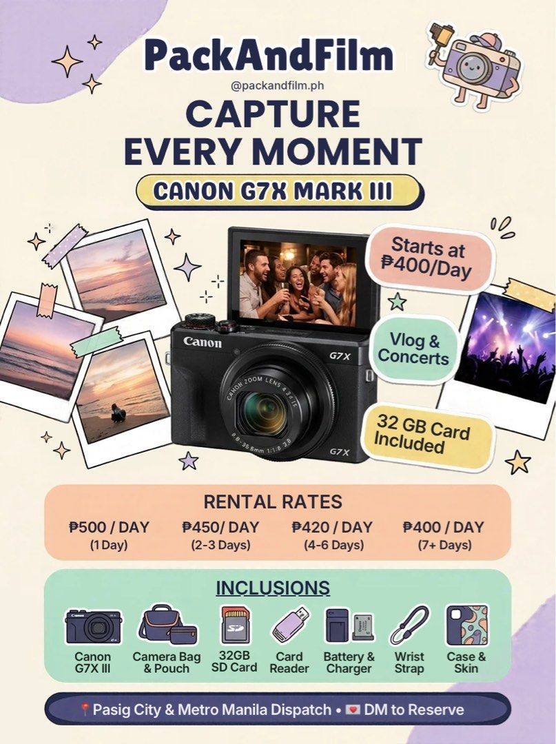 FOR RENT! Canon G7x Mark III (Category: Cameras) located in Pasig City. Submitted by 3dsbagcollectionbydiane (Listing ID 1470981946, Image 1). Description: Capture every moment with the iconic Canon G7X Mark III ✨📸 Famous for its warm skin tones, 180° flip screen, and crisp 4K quality, this is the ULTIMATE camera for concerts, vlogs, and out-of-town trips! 🌸 RENTAL RATES: • 1 Day: ₱500 / day • 2 – 3 Days: ₱450 / day • 4 – 6 Days: ₱420 / day • 7