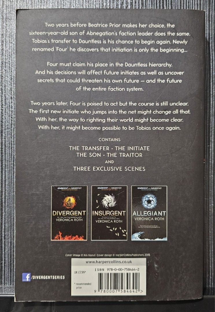 Four: A Divergent Collection by Veronica Roth paperback (Category: Storybooks) located in Mandaluyong City. Submitted by mjymoon (Listing ID 1471062980, Image 2). Description: - Title: Four: A Divergent Collection by Veronica Roth - Format: Paperback - Content: Short stories and scenes focusing on Tobias Prior before and after Divergent - Condition: Minor cover wear and creasing, with some page yellowing from age - Perfect for fans looking to div