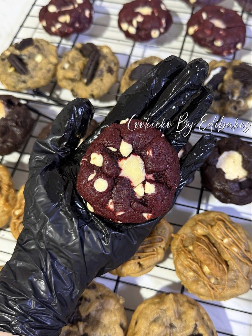 Fresh Baked Assorted Gourmet Cookies (Category: Homemade Bakes) located in Quezon City. Submitted by kielove (Listing ID 1470977209, Image 3). Description: - Brand: Cookieko By Edibakes - Style: Thick, soft-baked, loaded with toppings and fillings - Condition: Freshly baked and ready to eat - Available Flavors: Chocolate Chip Red Velvet with Cream Cheese Filling, Cookies and Cream Biscoff Lotus Drizzle Purple Taro/ Ube with Cream Cheese Filling D