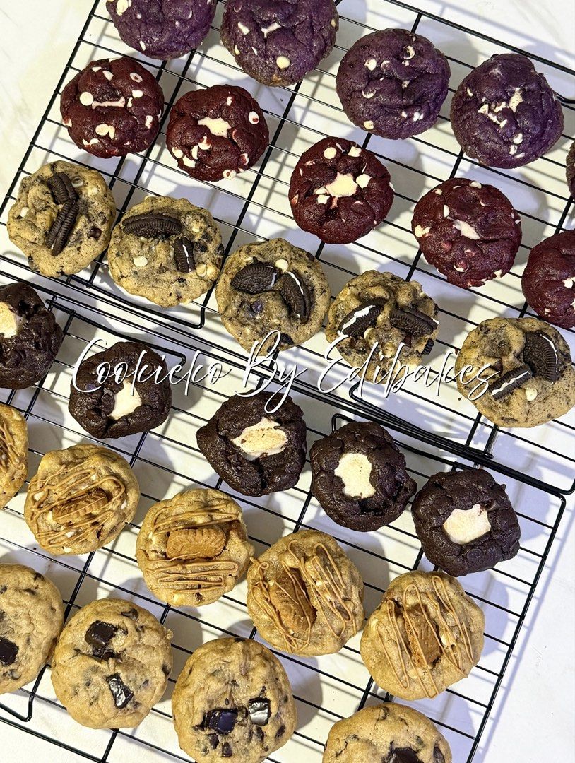 Fresh Baked Assorted Gourmet Cookies (Category: Homemade Bakes) located in Quezon City. Submitted by kielove (Listing ID 1470977209, Image 1). Description: - Brand: Cookieko By Edibakes - Style: Thick, soft-baked, loaded with toppings and fillings - Condition: Freshly baked and ready to eat - Available Flavors: Chocolate Chip Red Velvet with Cream Cheese Filling, Cookies and Cream Biscoff Lotus Drizzle Purple Taro/ Ube with Cream Cheese Filling D