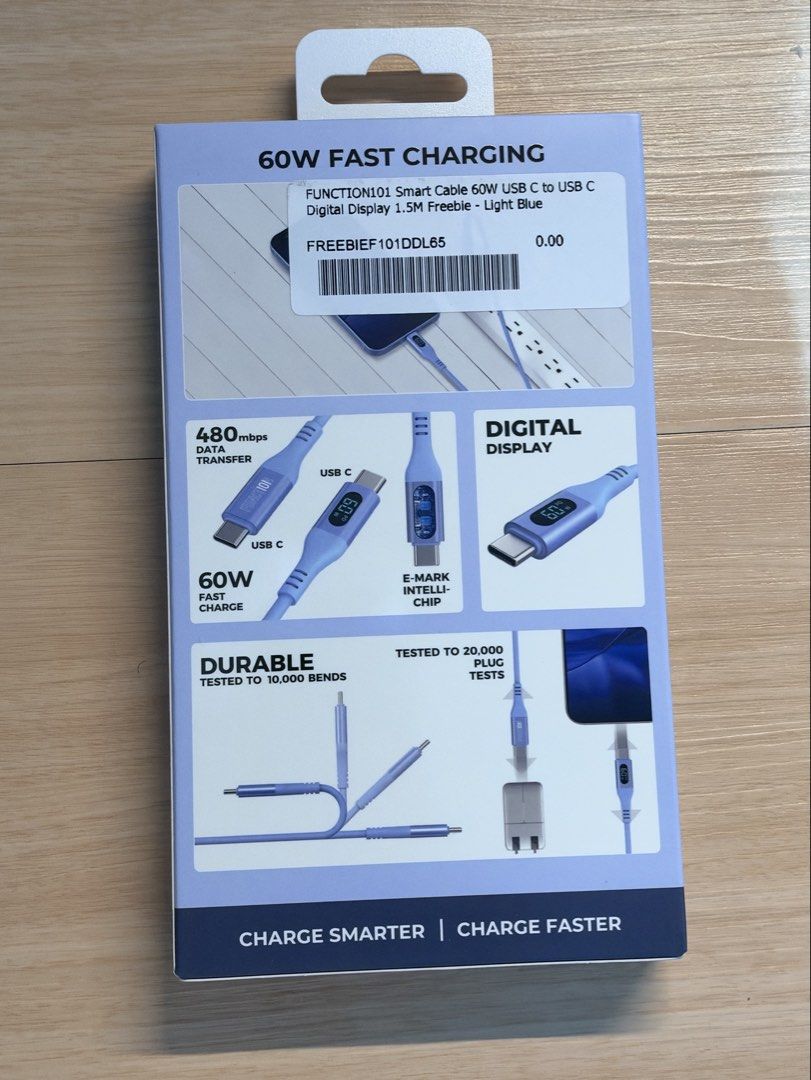 FUNCTION101 60W Smart Cable (Category: Chargers & Cables) located in Quezon City. Submitted by rewear.ky (Listing ID 1470993214, Image 2). Description: sealed / unopened 1.5M Light blue.