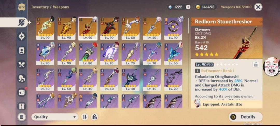 Genshin Impact Account fs! (Category: Game Gift Cards & Accounts) located in Manila. Submitted by sam_roui (Listing ID 1471014194, Image 3). Description: I am the second owner of the account, I originally bought it for 500 pesos Very farmable (I did not do nod krai, I got lazy 😔) Has 1200 primos left It Has: itto+sig Neuvilette c1 Navia Kazuha Tartaglia Weapons: Beacon of the Reed sea Wolfs gravestone Amos bow Hunters path Exalphane blade Redhor