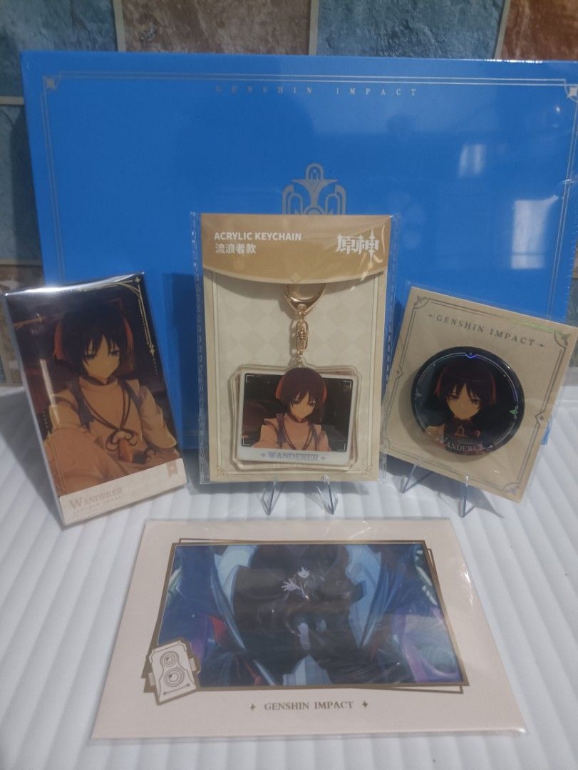 Genshin impact merch set for wanderer (Category: Character Goods) located in Pasay City. Submitted by majstichobbyhaven (Listing ID 1470976036, Image 1). Description: Genshin impact wanderer PV series set 1150 pm.