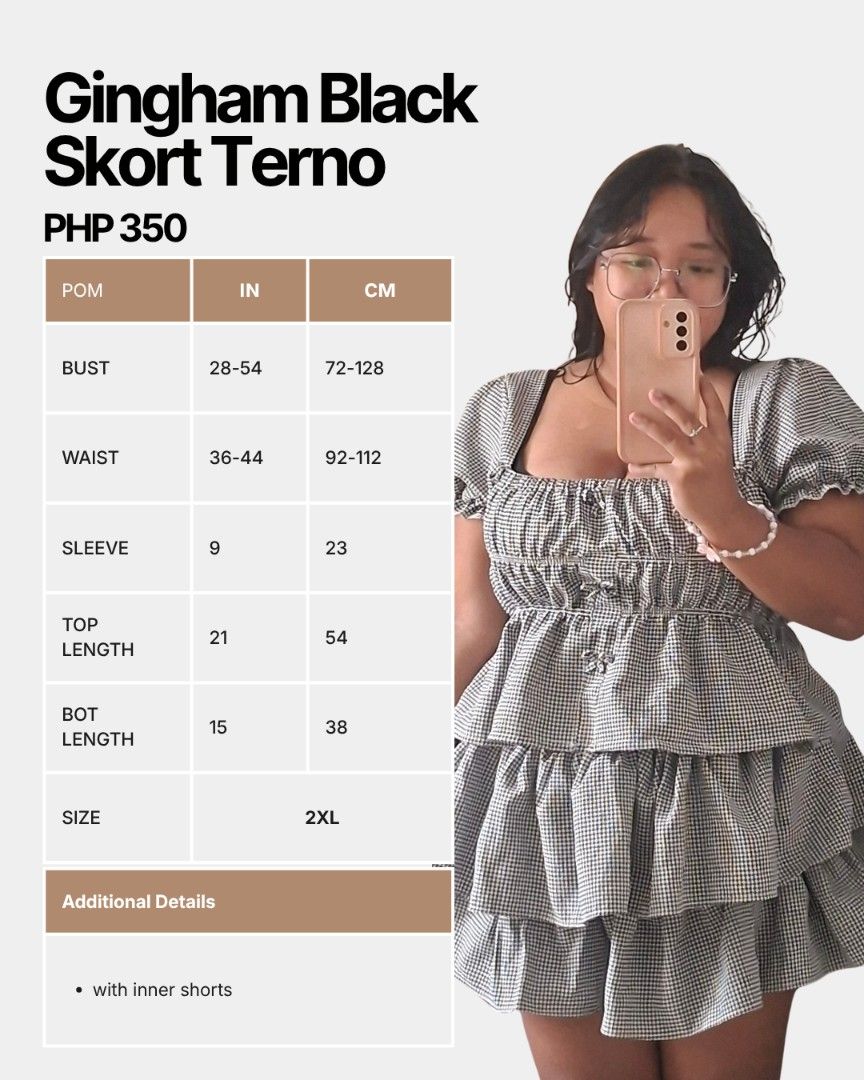 Gingham Black Skort Terno 2XL (Category: Sets or Coordinates) located in Lapu Lapu. Submitted by livecat.b78a53 (Listing ID 1471097274, Image 1). Description: - Style: Black and white gingham terno set with tiered top and matching skort - Comfort: Includes inner shorts for worry-free movement - Details: Super cute puff sleeves and ruffled design - Size: 2XL - Measurements: Bust 28"-54", Waist 36"-44", Top Length 21", Bottom Length 15".