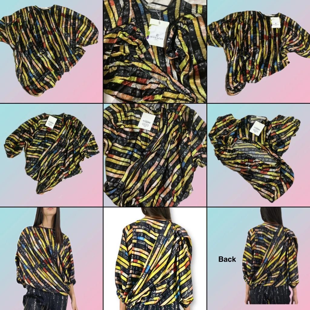 Givenchy Multi-Color Striped Sequin Print Blouse (Category: Blouses) located in Paranaque City. Submitted by calm_youngstore7 (Listing ID 1471013655, Image 2). Description: Givenchy Harem top - Brand: Givenchy (Original store tag still attached) - Design: Black realistic sequin print blouse with diagonal multi-colored stripes (yellow, orange, blue, white) - Fit & Style: Relaxed fit with elegant draped front styling - Sleeves: Three-quarter sleeve