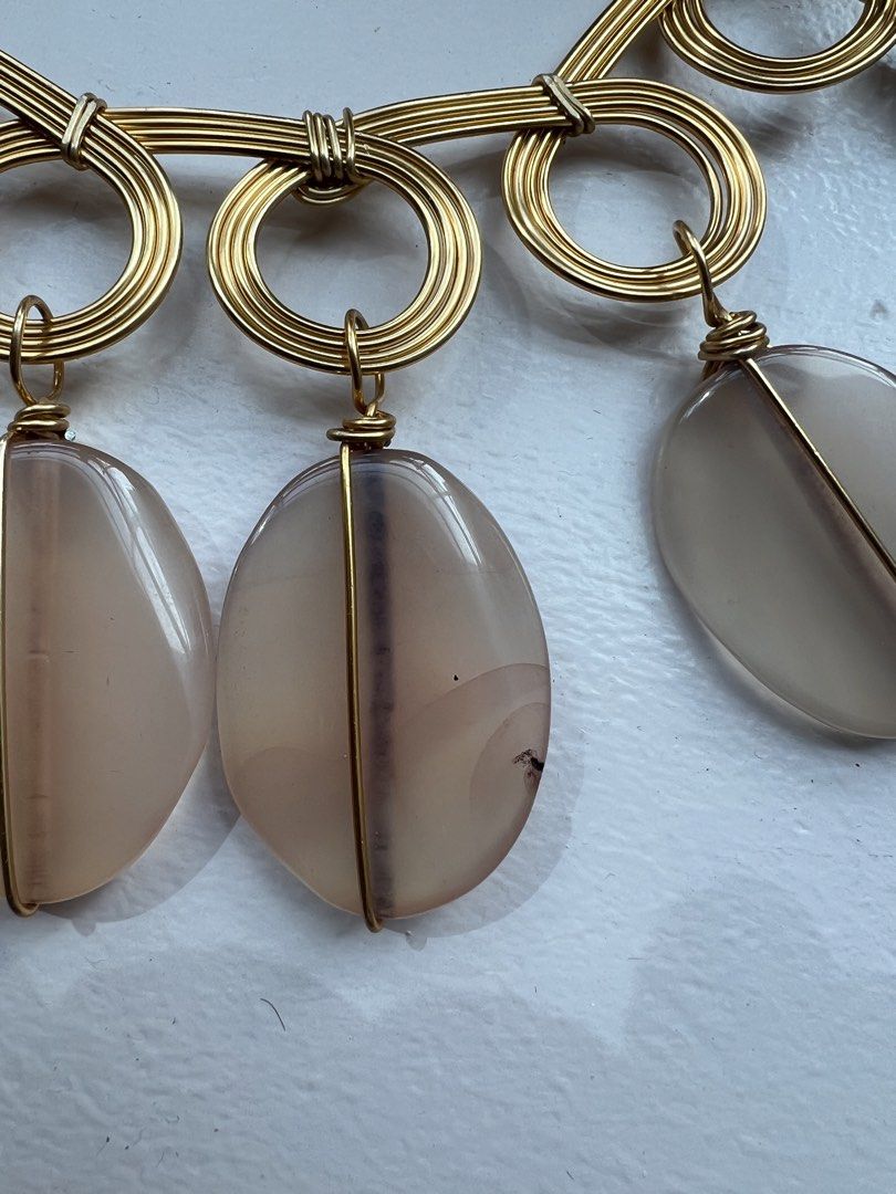 Gold wire wrapped statement necklace (Category: Necklaces) located in San Juan City. Submitted by iambernie (Listing ID 1470938440, Image 3). Description: Unused gift Statement piece to accessorize your plain outfits Gold wire necklace with light pink stones Just kept in storage .