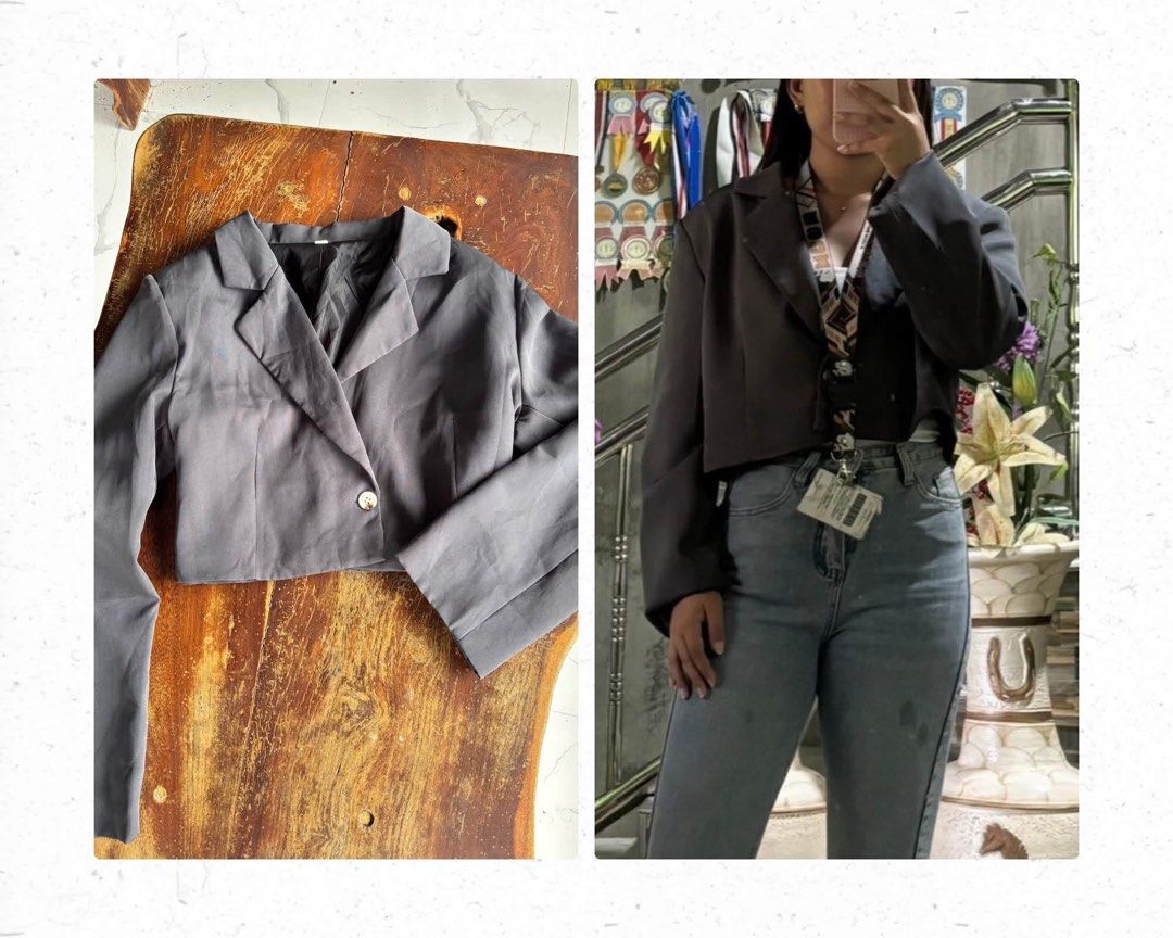 Gray Cropped Blazer (Category: Coats, Jackets and Outerwear) located in Batangas. Submitted by chezkagrace_.428 (Listing ID 1471075139, Image 1). Description: Size M-L Also fits to small sizes (oversized) For reference: Seller’s size is XS-S .