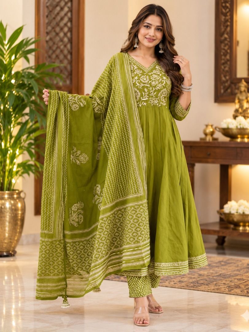 Green Anarkali Kurti Set with Dupatta, Women's Fashion, Dresses & Sets ...