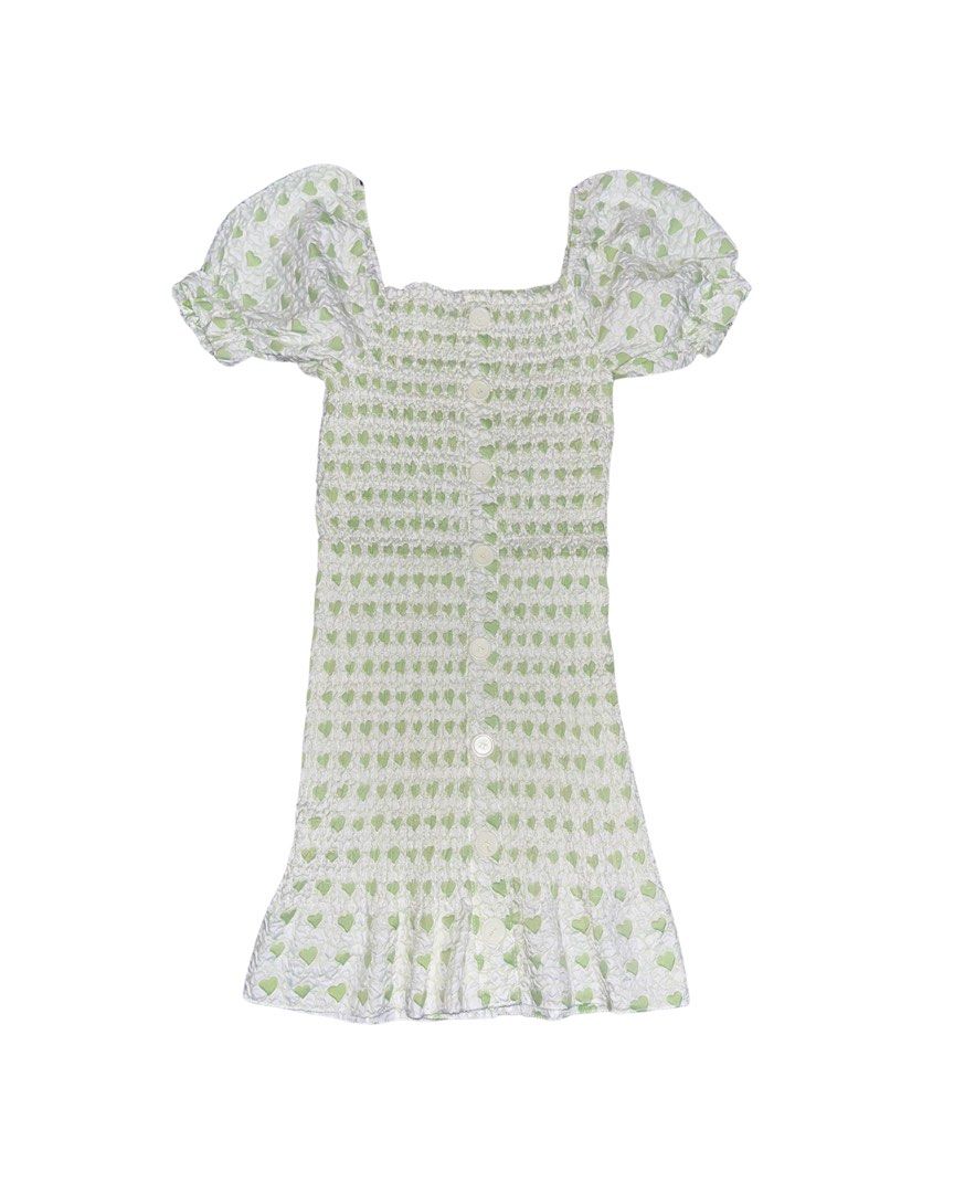 Green Heart Pattern Puff Sleeve Mini Dress (Category: Dresses) located in Alicia. Submitted by lovedby.icy (Listing ID 1471063779, Image 1). Description: | green and white with all-over tiny heart prints | front button-down detail (non-functional).