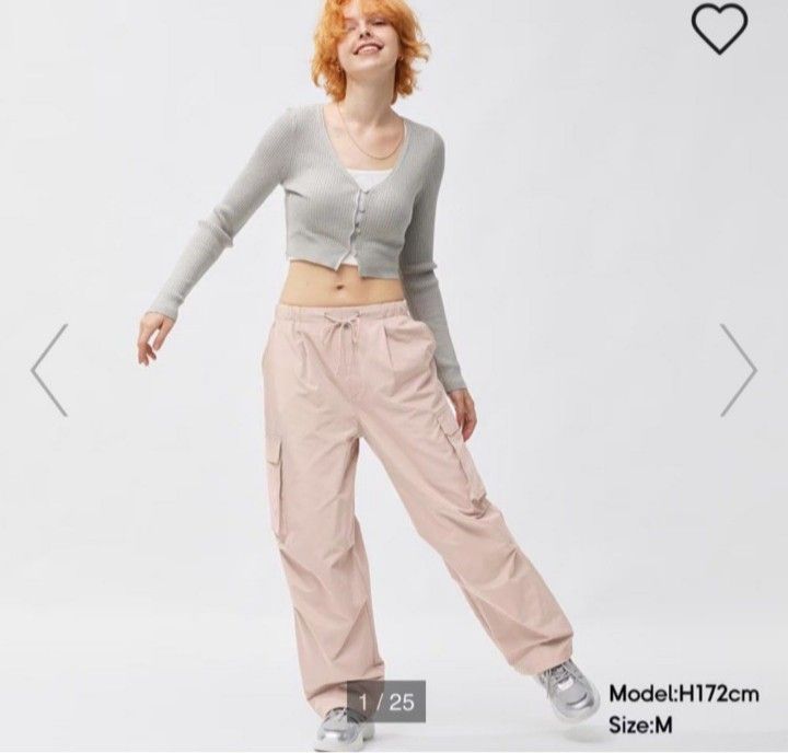 GU Parachute Cargo Pants Light Pink Size M (Category: Jeans) located in Antipolo. Submitted by gigantoshe06492 (Listing ID 1471067728, Image 1). Description: - Brand/Model: GU Parachute Cargo Pants - Color: Pink - Size: M - Material: Cotton and polyester blend - Origin: Made in Indonesia - Fit/Features: Drawstring waist and adjustable ankle cuffs - Storage: Multiple utility pockets on the sides.